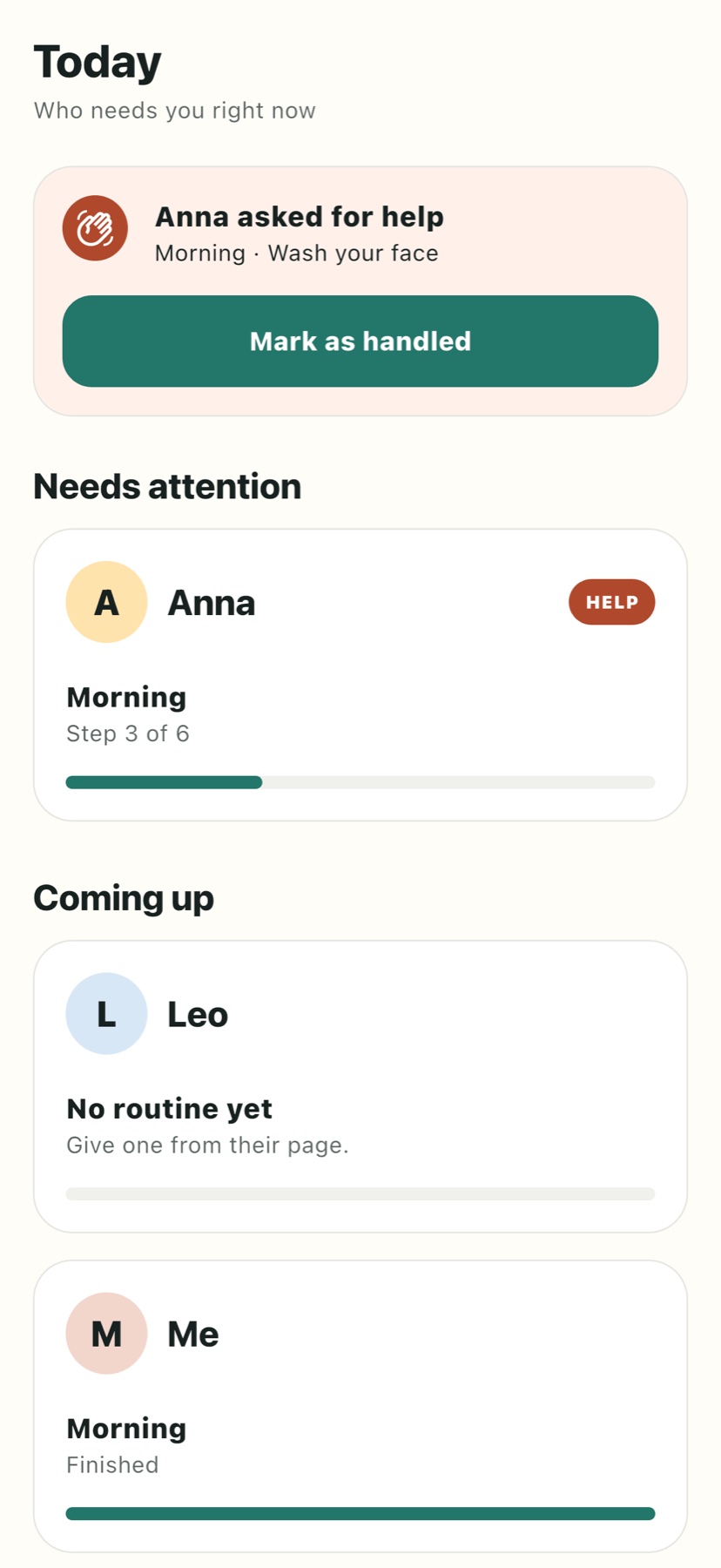 The planning view: routines, progress and the next useful action.