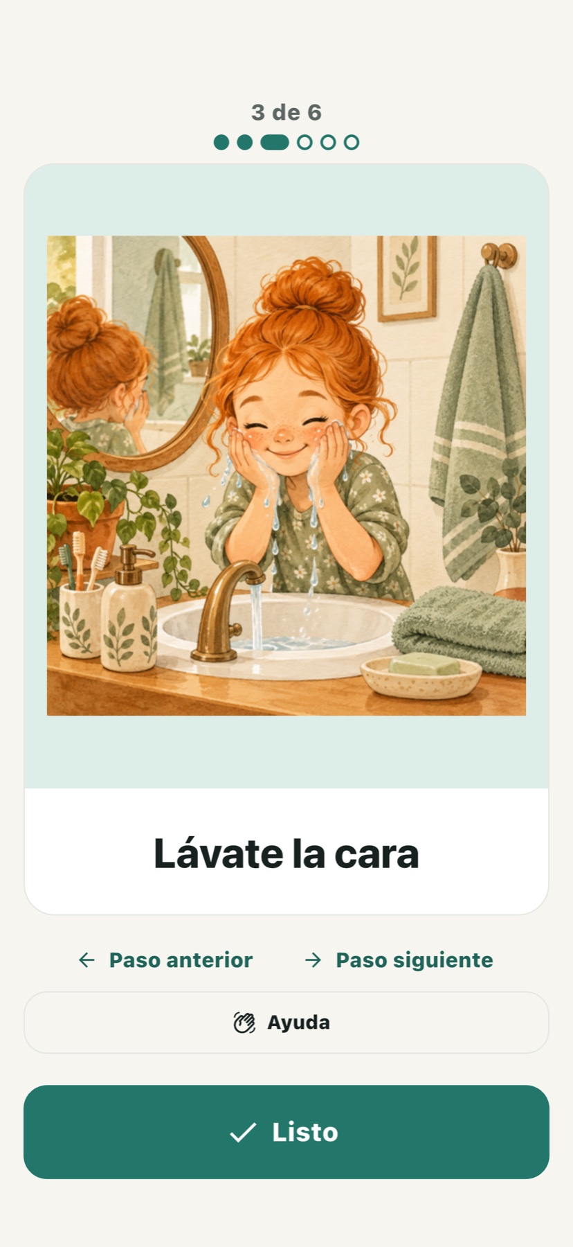 Una tarjeta ilustrada con Anterior, Siguiente, Ayuda y Listo.