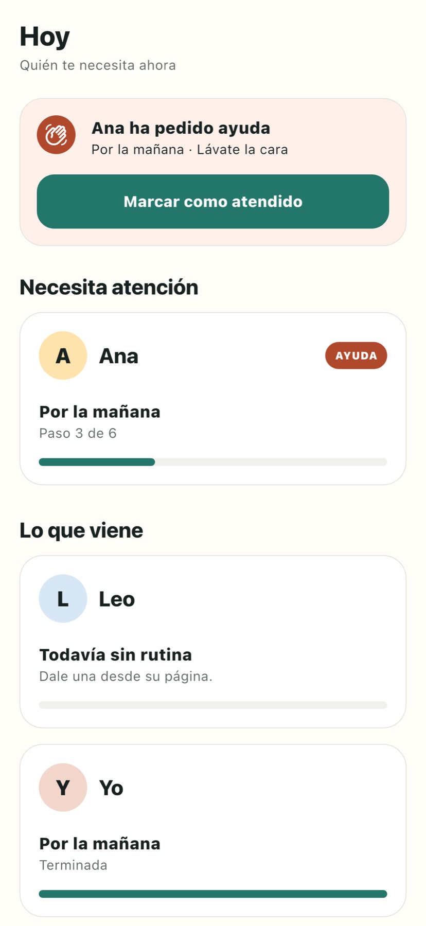 La vista de planificación: rutinas, progreso y la siguiente acción útil.