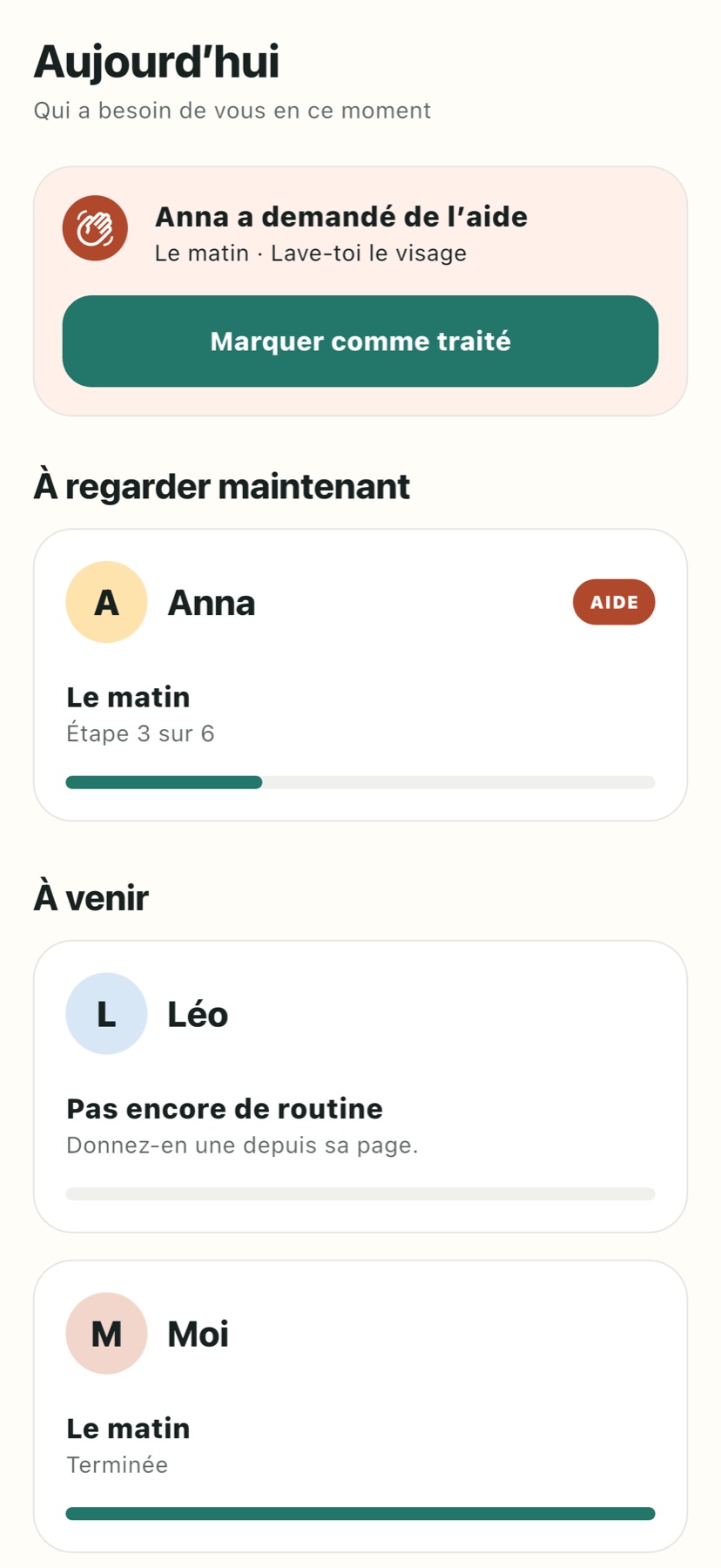 La vue de planification : routines, progression et prochaine action utile.