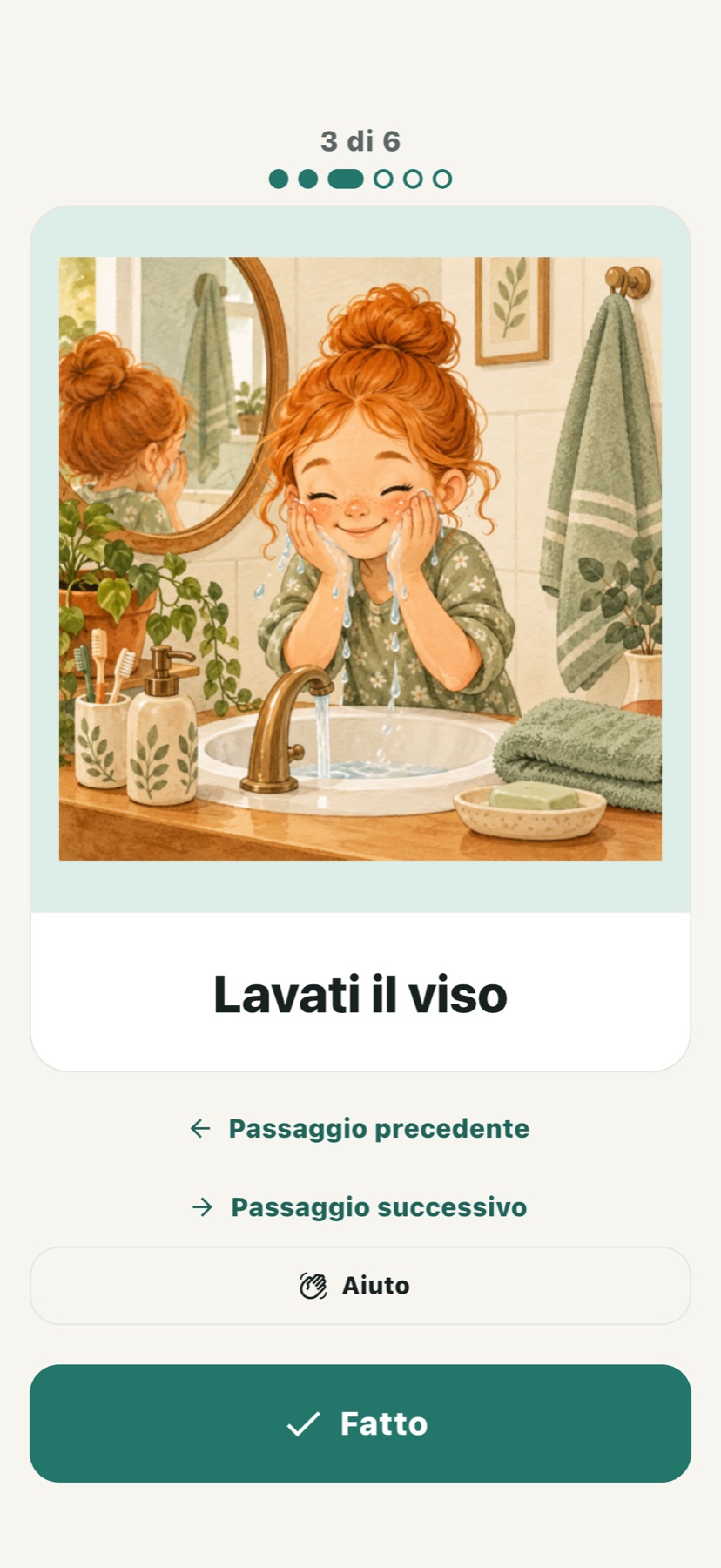 Una scheda illustrata con Precedente, Avanti, Aiuto e Fatto.